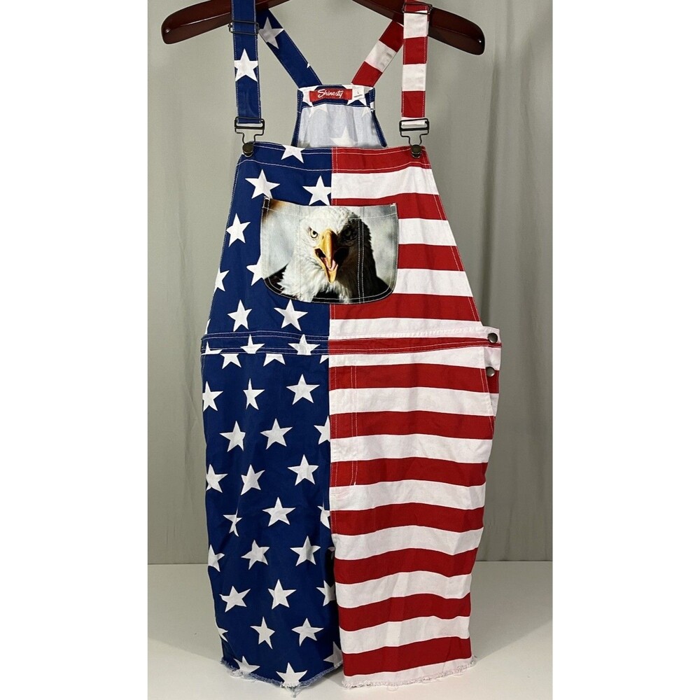 Shinesty Stars n Stripes Screaming Eagle 4th of July Shorts Overalls Mens Sz L